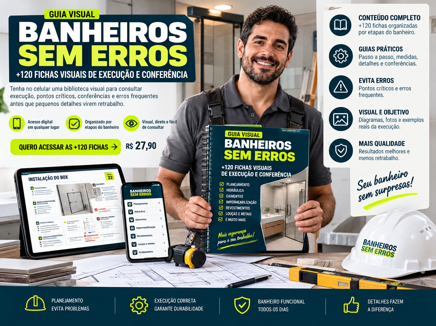 Mockup do produto Banheiros sem Erros com as fichas visuais