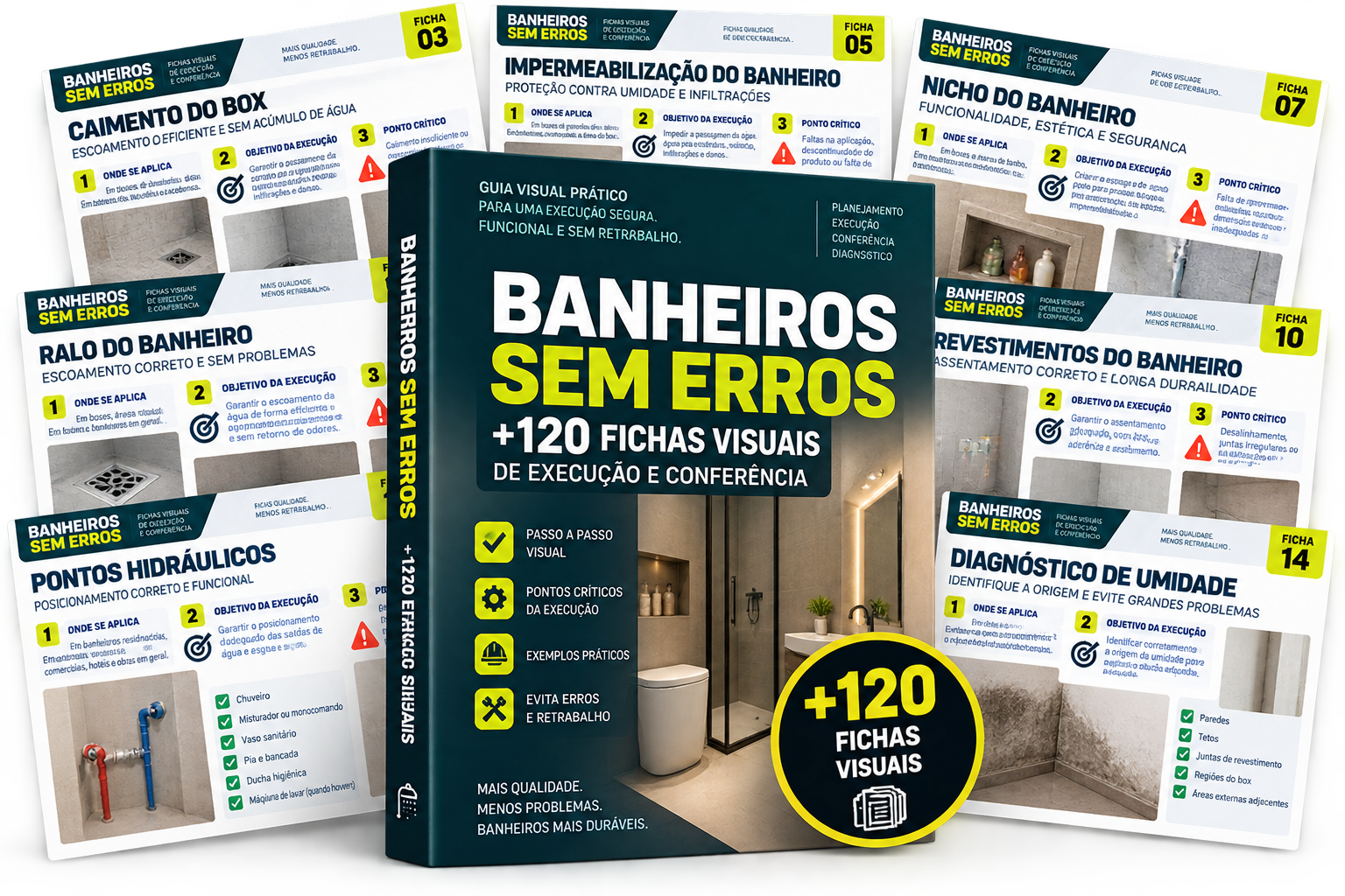 Mockup do Banheiros sem Erros — +120 fichas visuais de execução e conferência